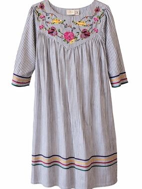 Vintage Style Cotton Embroidered Stripe Dress Medium Boho Gown House Retro EUC